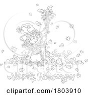 Poster, Art Print Of Cartoon Black And White Happy Halloween Greeting And Witch Girl