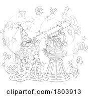 Cartoon Black And White Wizard Looking Through A Telescope In A Circle Of Zodiac Astrology Symbols