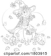 Cartoon Black And White Halloween Witch Girl Sitting On A Pumpkin
