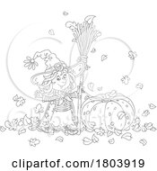 Cartoon Black And White Halloween Witch Girl Holding A Broom By A Pumpkin