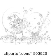 Poster, Art Print Of Cartoon Black And White Halloween Witch Girl Sweeping Up Leaves Wiith Magic