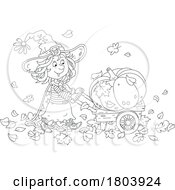 Poster, Art Print Of Cartoon Black And White Halloween Witch Girl Pushing A Pumpkin