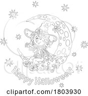Poster, Art Print Of Cartoon Black And White Happy Halloween Greeting And Witch Girl