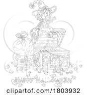 Cartoon Black And White Happy Halloween Greeting And Witch Girl