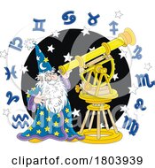 Cartoon Wizard Looking Through A Telescope In A Circle Of Zodiac Astrology Symbols