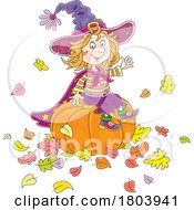 Poster, Art Print Of Cartoon Halloween Witch Girl Sitting On A Pumpkin