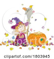 Cartoon Halloween Witch Girl Holding A Broom By A Pumpkin