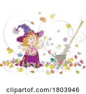 Cartoon Halloween Witch Girl Sweeping Up Leaves WiIth Magic