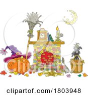 Poster, Art Print Of Cartoon Halloween Witch Hat On A Pumpkin By A Hearth