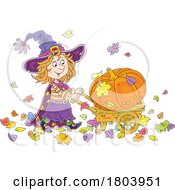 Cartoon Halloween Witch Girl Pushing A Pumpkin
