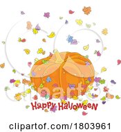 Poster, Art Print Of Cartoon Happy Halloween Greeting And Pumpkin With Autumn Leaves
