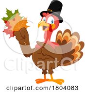 Cartoon Thanksgiving Pilgrim Turkey Bird Mascot Holding Autumn Leaves