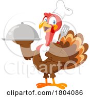 Cartoon Thanksgiving Chef Turkey Bird Mascot Holding A Cloche