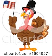 Poster, Art Print Of Cartoon Thanksgiving Pilgrim Turkey Bird Mascot With An American Flag