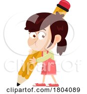 Cartoon School Girl Writing With A Giant Pencil