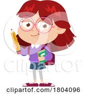 Cartoon School Girl Holding A Pencil And Books