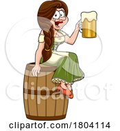 Cartoon Oktoberfest Woman Hodling A Beer And Sitting On A Barrel by Hit Toon