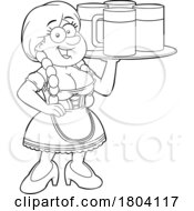 Cartoon Black And White Oktoberfest Beer Maiden With A Tray