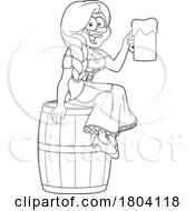 Cartoon Black And White Oktoberfest Woman Hodling A Beer And Sitting On A Barrel