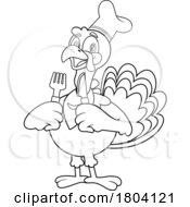 Poster, Art Print Of Cartoon Black And White Hungry Thanksgiving Turkey Bird Mascot Holding Silverware