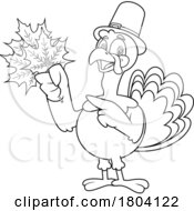 Cartoon Black And White Thanksgiving Pilgrim Turkey Bird Mascot Holding Autumn Leaves