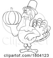 Cartoon Black And White Thanksgiving Pilgrim Turkey Bird Mascot Holding A Pumpkin