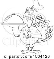 Cartoon Black And White Thanksgiving Chef Turkey Bird Mascot Holding A Cloche