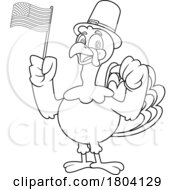 Poster, Art Print Of Cartoon Black And White Thanksgiving Pilgrim Turkey Bird Mascot With An American Flag