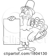 Cartoon Black And White Thanksgiving Pilgrim Turkey Bird Mascot Holding A Menu Or Sign