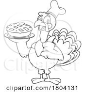 Cartoon Black And White Thanksgiving Chef Turkey Bird Mascot Holding A Pie