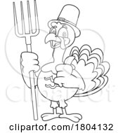Cartoon Black And White Thanksgiving Pilgrim Turkey Bird Mascot Holding A Pitchfork