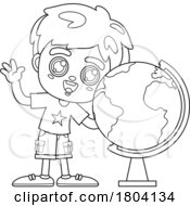 Cartoon Black And White School Boy By A Globe