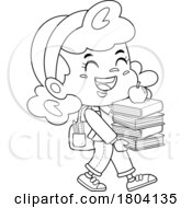 Cartoon Black And White School Girl Carrying Books