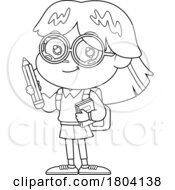 Cartoon Black And White School Girl Holding A Pencil And Books