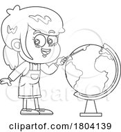 Cartoon Black And White School Girl Studying A Globe