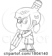 Cartoon Black And White School Girl Writing With A Giant Pencil