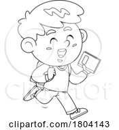 Poster, Art Print Of Cartoon Black And White School Boy Running With A Book