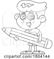 Poster, Art Print Of Cartoon Black And White School Boy Holding A Giant Pencil