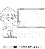 Cartoon Black And White School Boy Using A Chalkboard