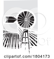 Woodcut Windmill On Farm Fields