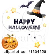 Poster, Art Print Of Halloween Pumpkin Witch Hat Bat And Stars