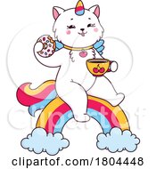 Unicorn Cat Enjoying Coffee And A Donut On A Rainbow
