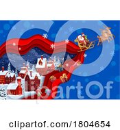 Poster, Art Print Of Santa Claus Flying His Sleigh And A Village
