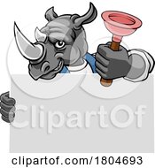 Poster, Art Print Of Plumber Rhino Plunger Cartoon Plumbing Mascot