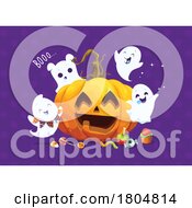 Poster, Art Print Of Halloween Ghosts And Pumpkin Over Purple
