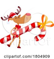 Poster, Art Print Of Cartoon Xmas Reindeer Carrying A Giant Candy Cane