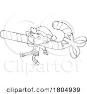 Cartoon Black And White Xmas Elf Carrying A Candy Cane