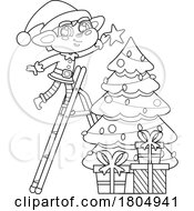 Cartoon Black And White Xmas Elf Decorating A Tree