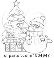 Cartoon Black And White Xmas Snowman Decorating A Tree