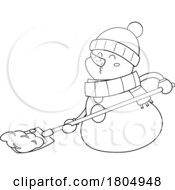 Cartoon Black And White Xmas Snowman Shoveling Snow